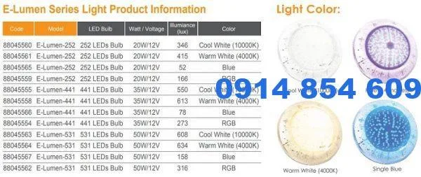 Thông số kỹ thuật của đèn bể bơi Emaux E-lumen Đèn Led bể bơi Emaux E-lumen 252