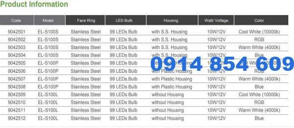 Thông số kỹ thuật của đèn led hồ bơi Emaux EL-S100 Đèn Led Hồ Bơi Emaux EL-S100