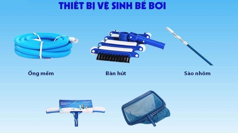 Thiết bị vệ sinh hồ bơi gồm nhiều dụng cụ đa nhiệm khác nhau